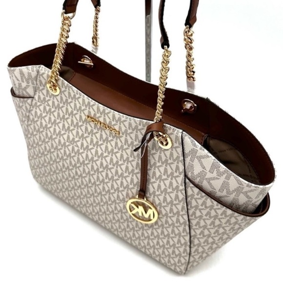 Michael Kors Large Chain Shoulder Bag & Double Zip Wallet Set Vanilla/Luggage - Picture 6 of 14